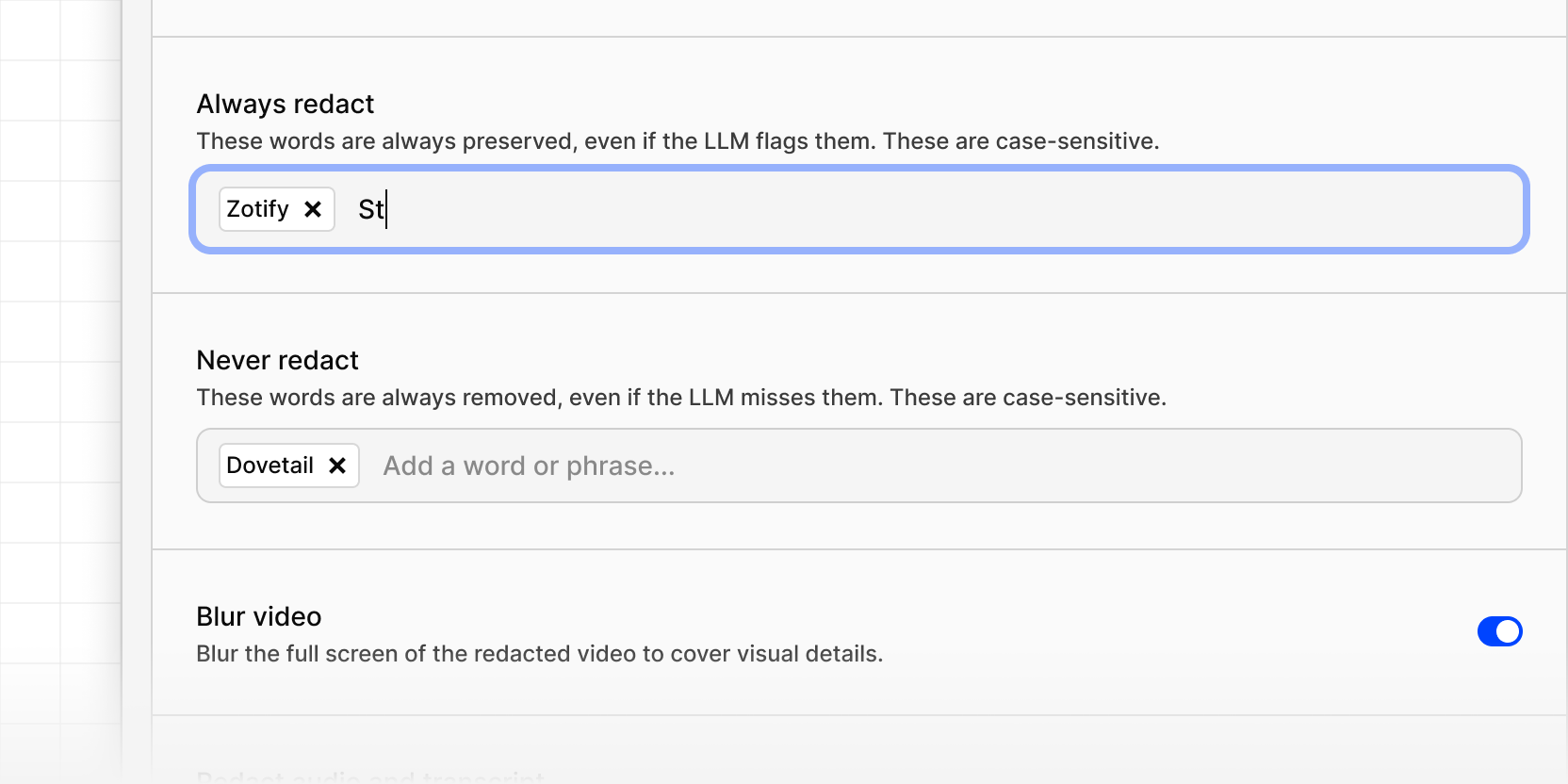 Custom redaction phrases