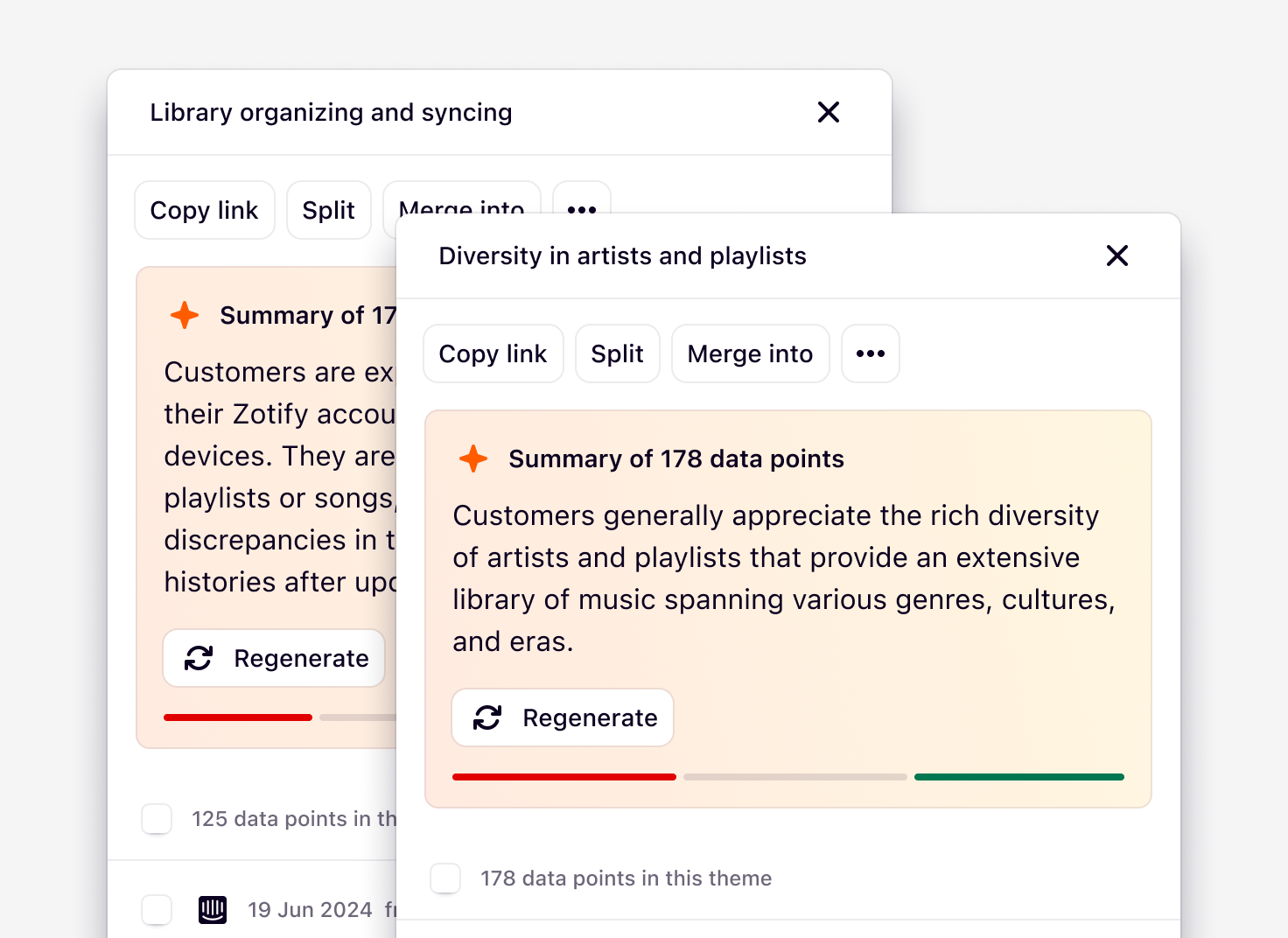 Examples of automated theme summaries, with sentiment, in Dovetail Channels.
