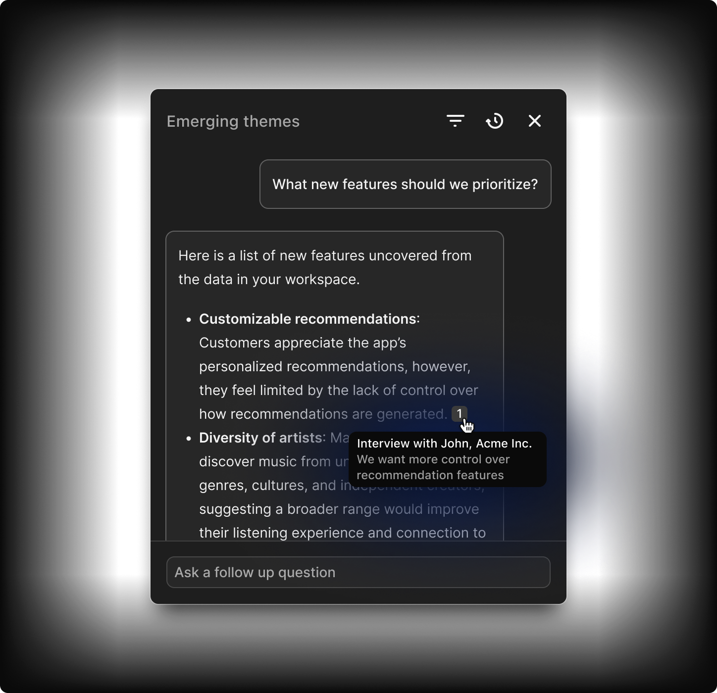 AI Chat interface showing cited customer evidence