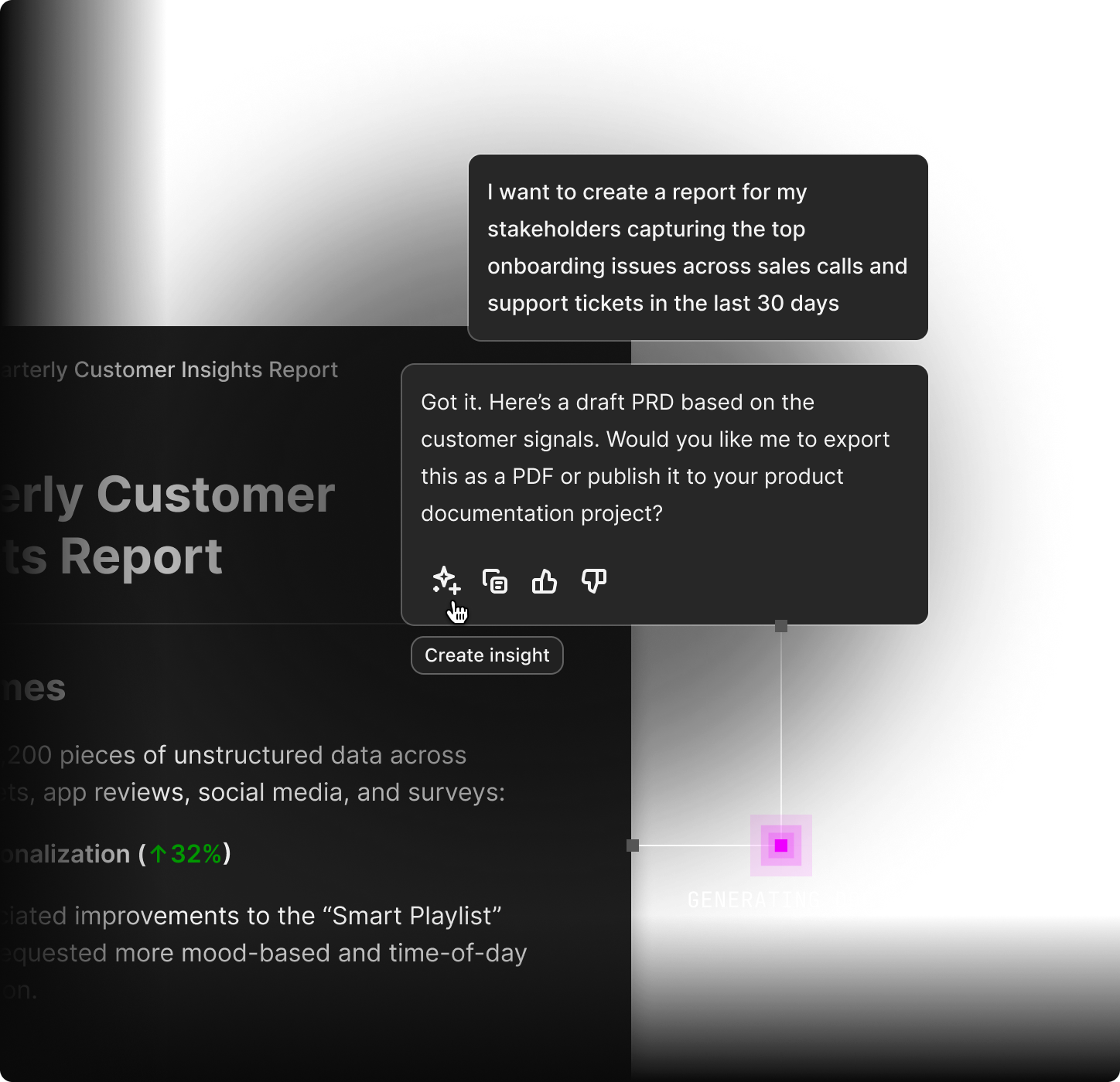AI-generated product brief with embedded customer evidence