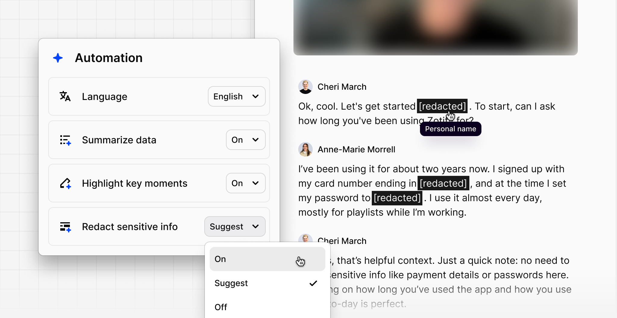 Set automatic redaction per Project and Channel
