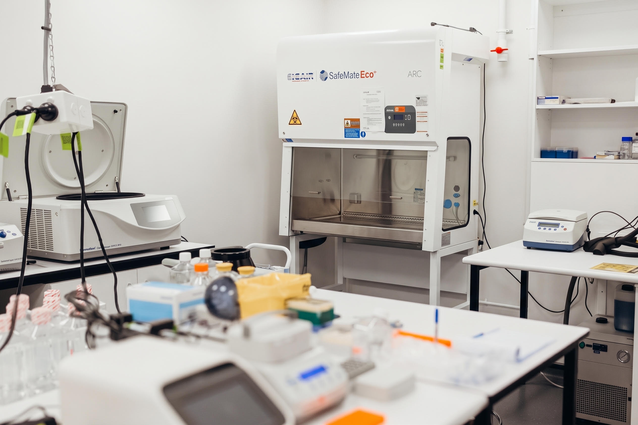 A biosafety cabinet and lab bench inside Bower’s lab