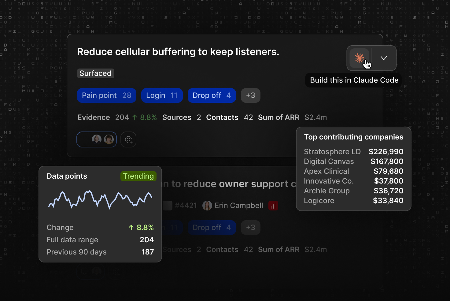 A Channels 2.0 idea card showing its tags, evidence trend, and the ARR of the top contributing companies