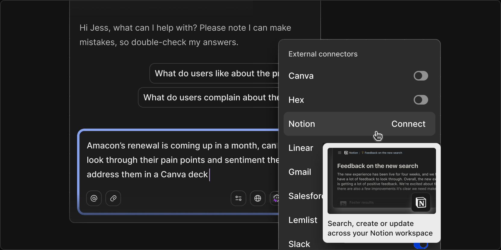 Connect tools like Canva, Hex, Notion, Linear, Gmail, Salesforce, Lemlist, and Slack to Dovetail Chat
