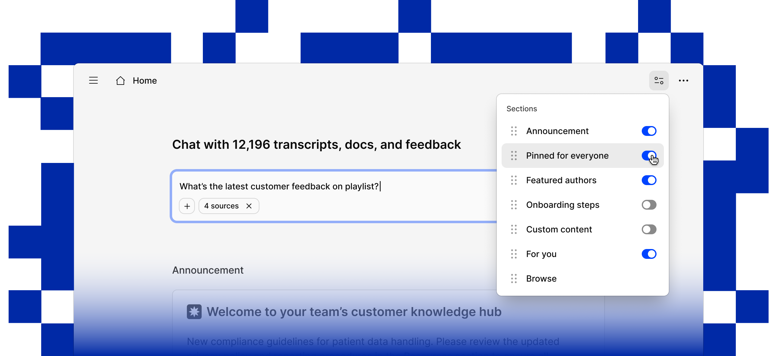 Teams across an organization working in one Dovetail workspace