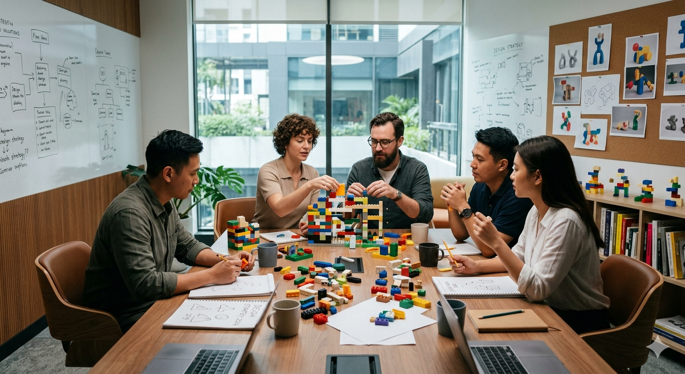 A design team builds and prototypes with colorful blocks in a modern creative studio—reflecting the collaborative, hands-on spirit behind one of the world's most loved toy brands