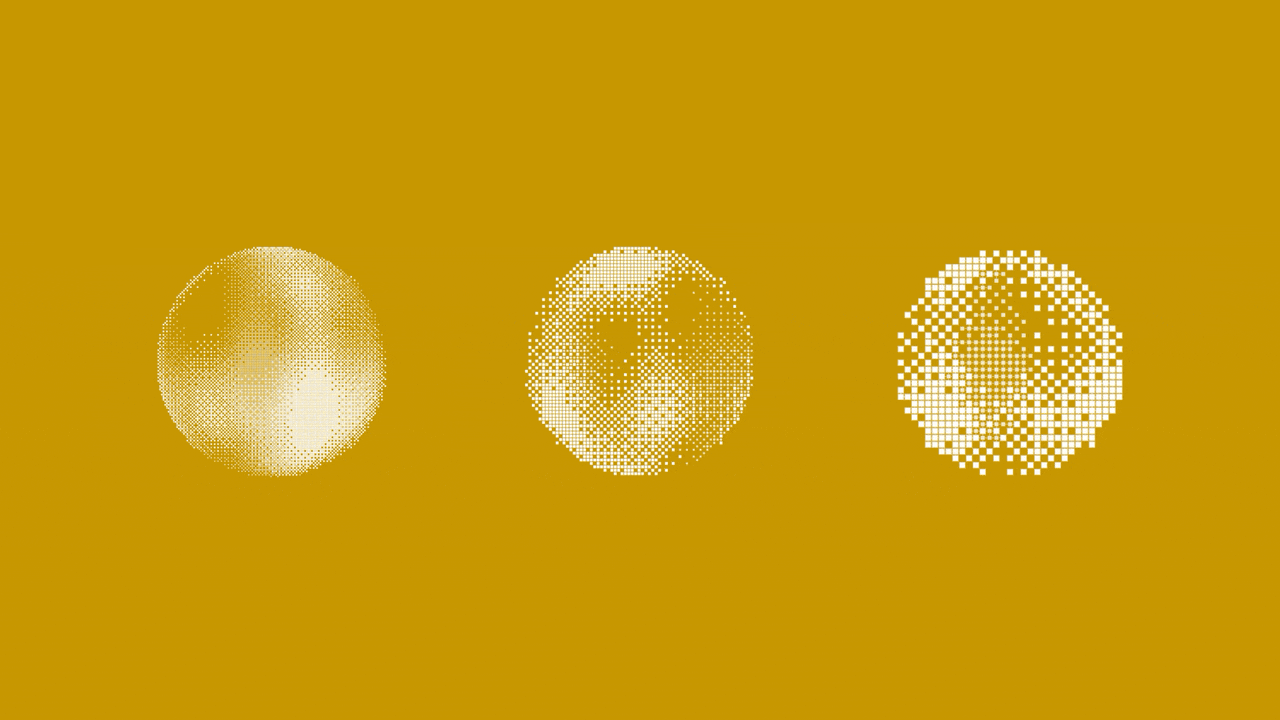 Three circles rendered in progressively coarser halftone dots—the same form, degraded by resolution, illustrating that more detail does not always mean more clarity.