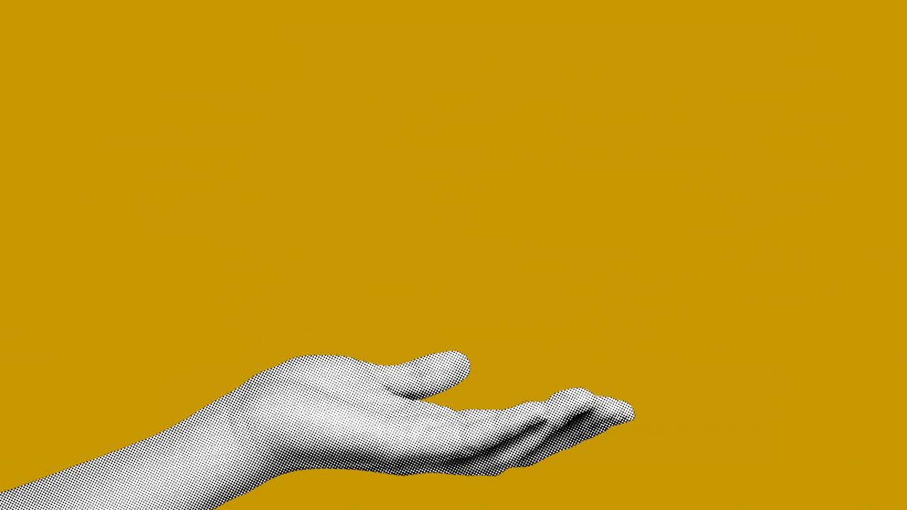 A halftone illustration of an open hand against a golden yellow background.