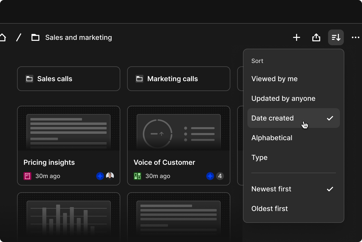New folder navigation with Sort options including alphabetical, date created, and type