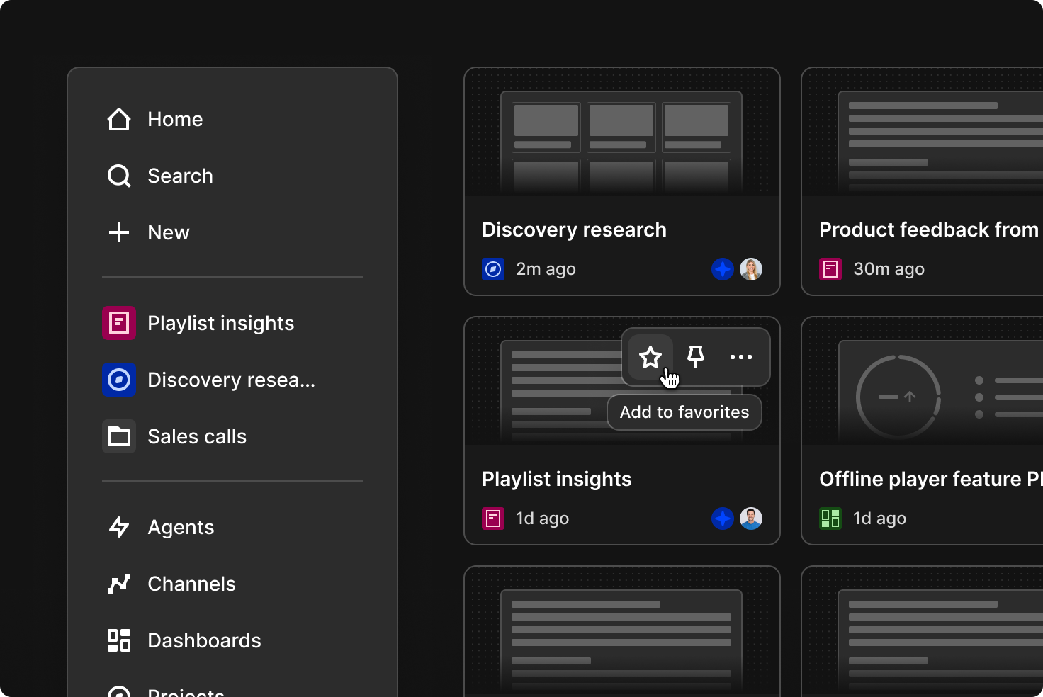 The updated Dovetail sidebar showing Home, Search, New, Favorites, and feature pages