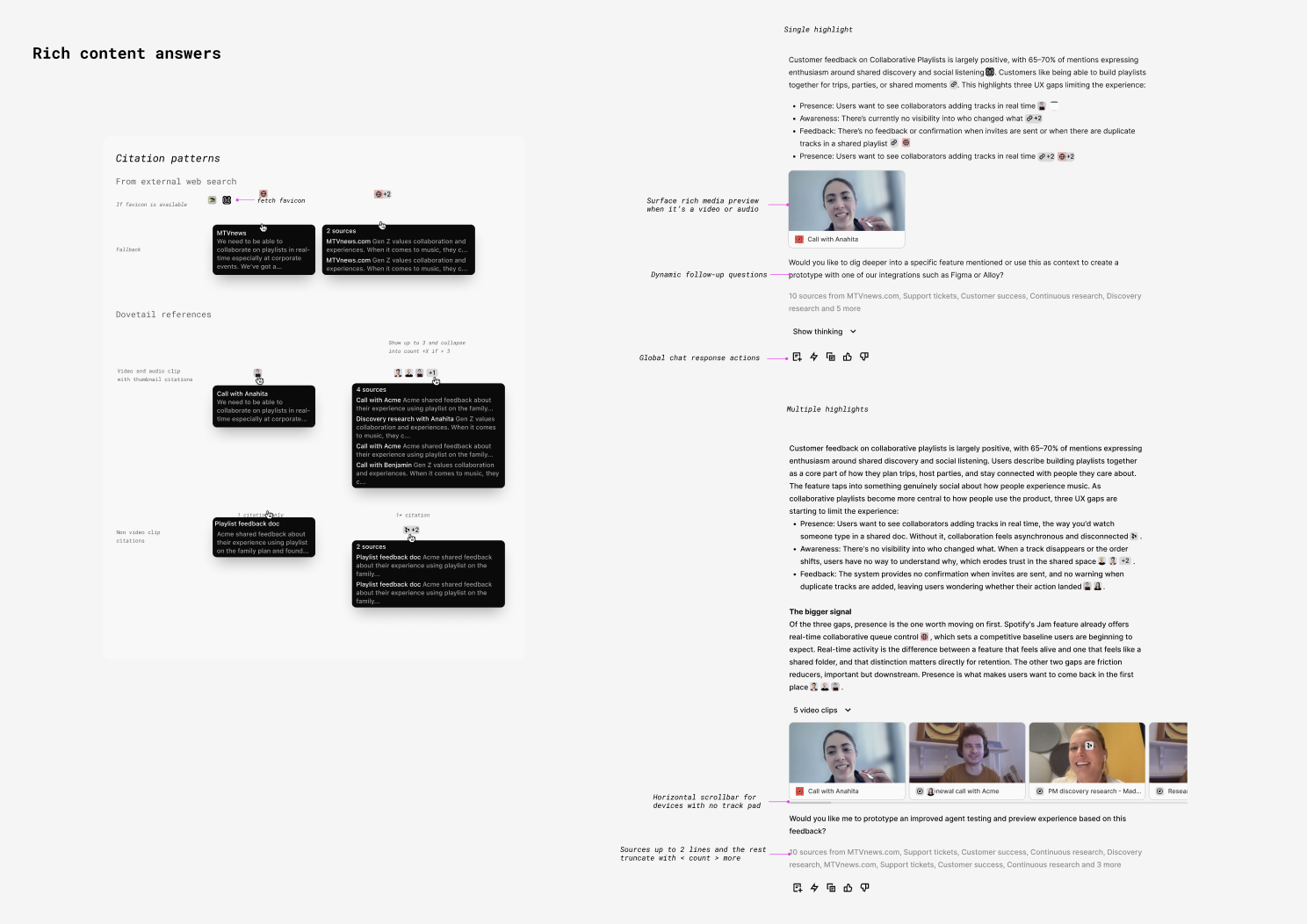 Annotations and documentation of the different citation states in Figma