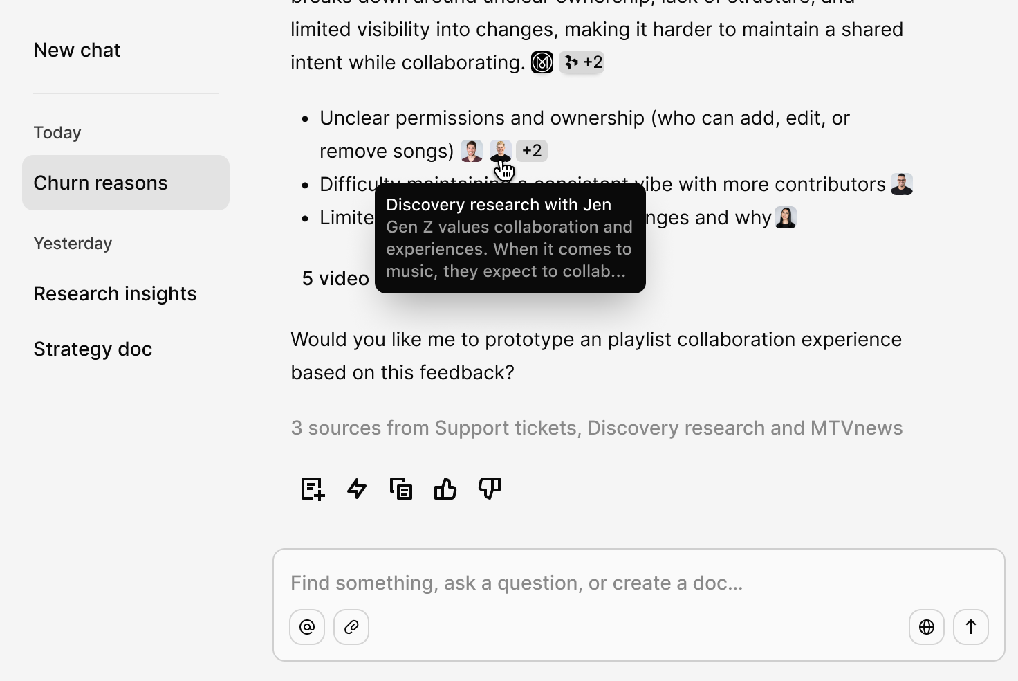 Full-page chat with conversation history sidebar, transparent thinking, and inline citations