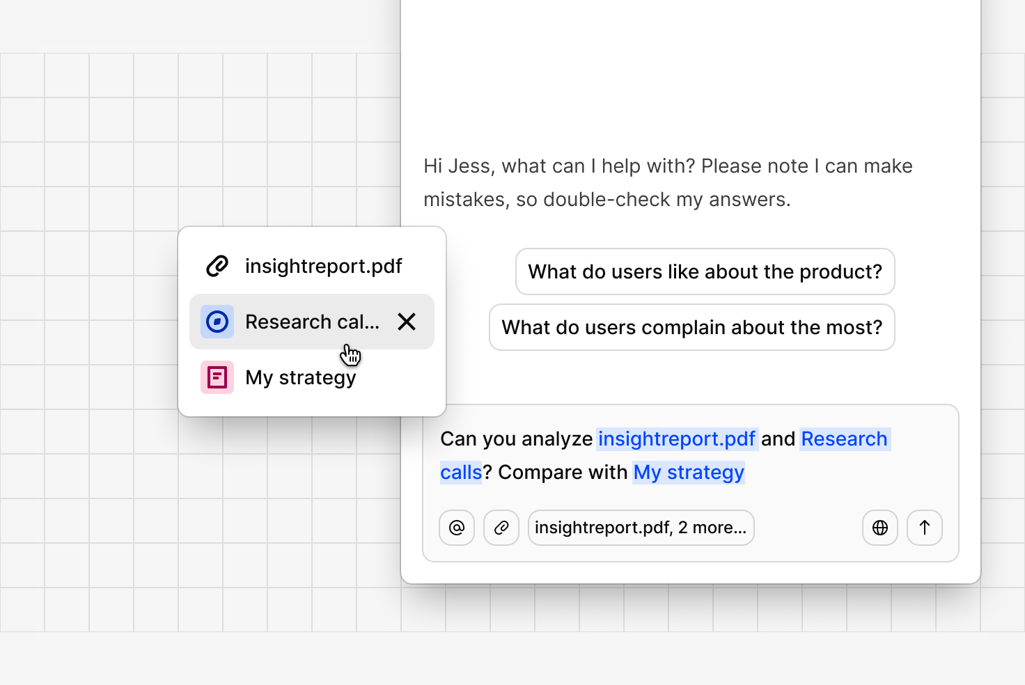 Multi-context query referencing an insight report, research calls, and a strategy doc in a single question