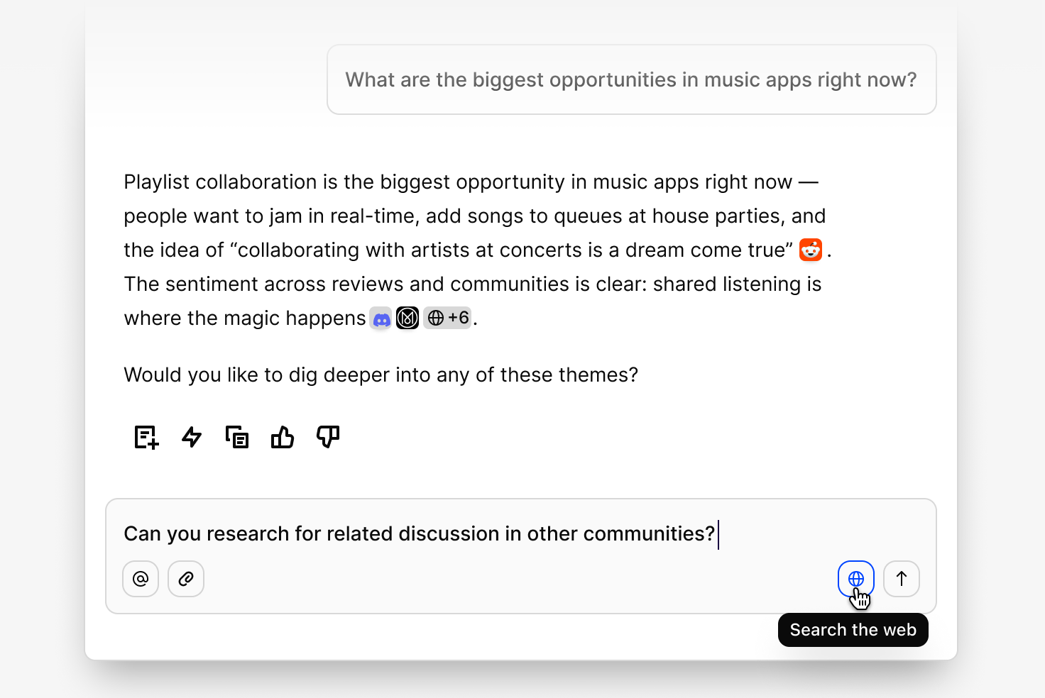 Chat using web search to pull in external community discussions alongside internal data