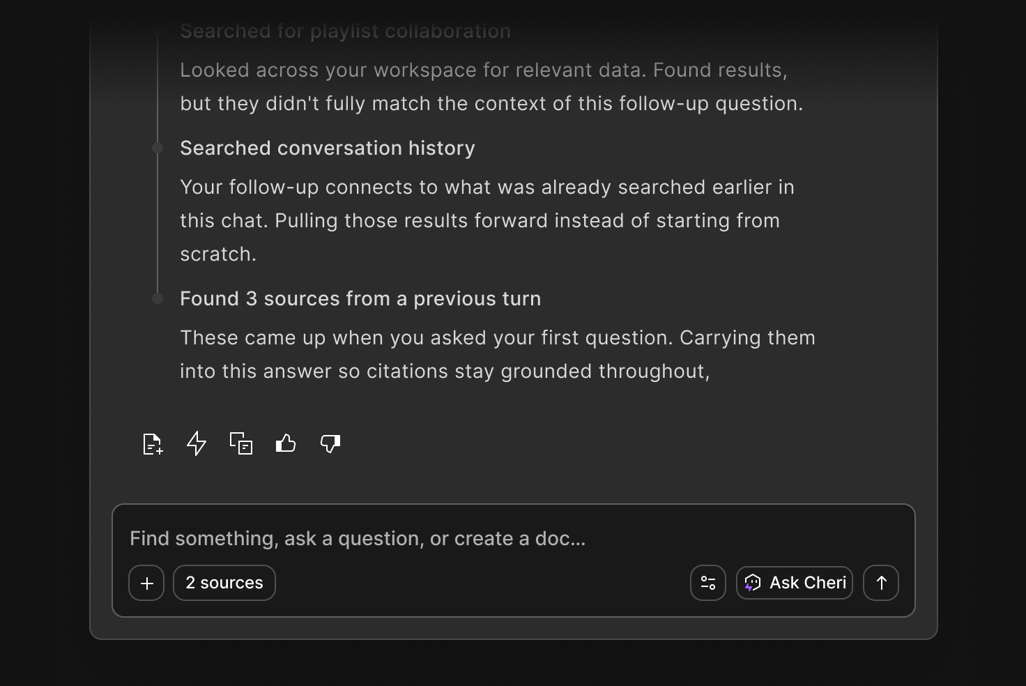 A follow-up answer in Dovetail Chat pulling forward sources found earlier in the conversation.