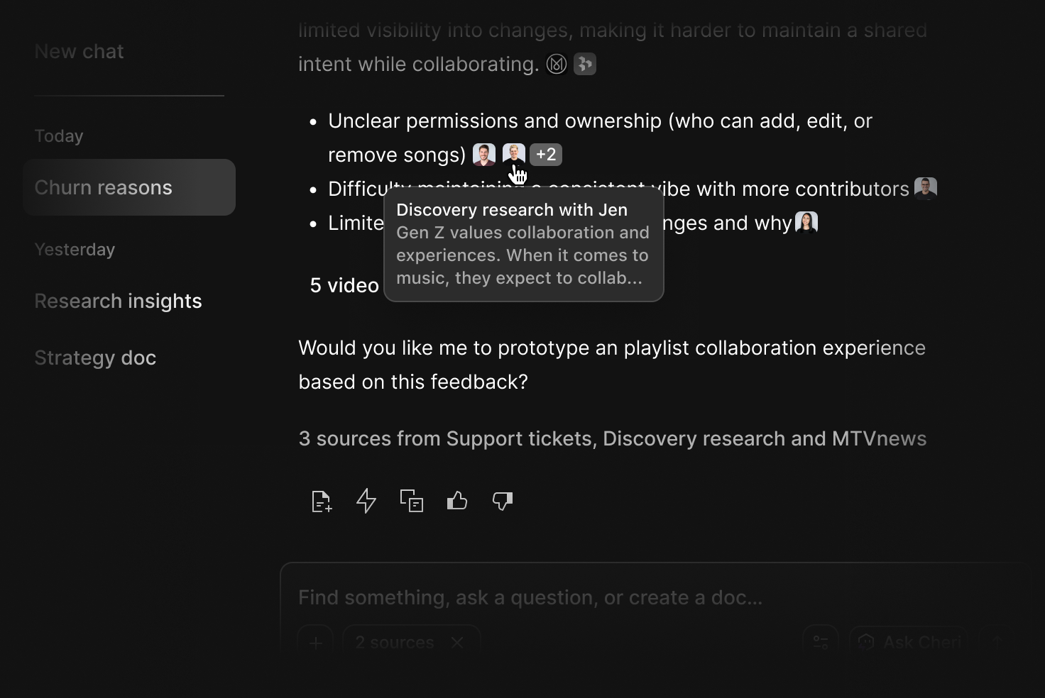 A citation tooltip in Dovetail Chat showing the source behind a cited insight.