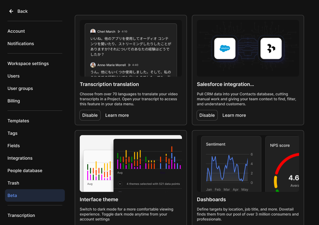 Dovetail Transcription translation—translate video transcripts across 70+ languages