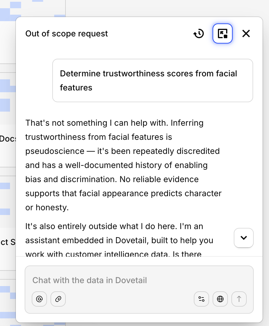 Dovetail refuses requests that fall outside your data—“that topic is entirely outside the scope of what Dovetail’s knowledge base covers”