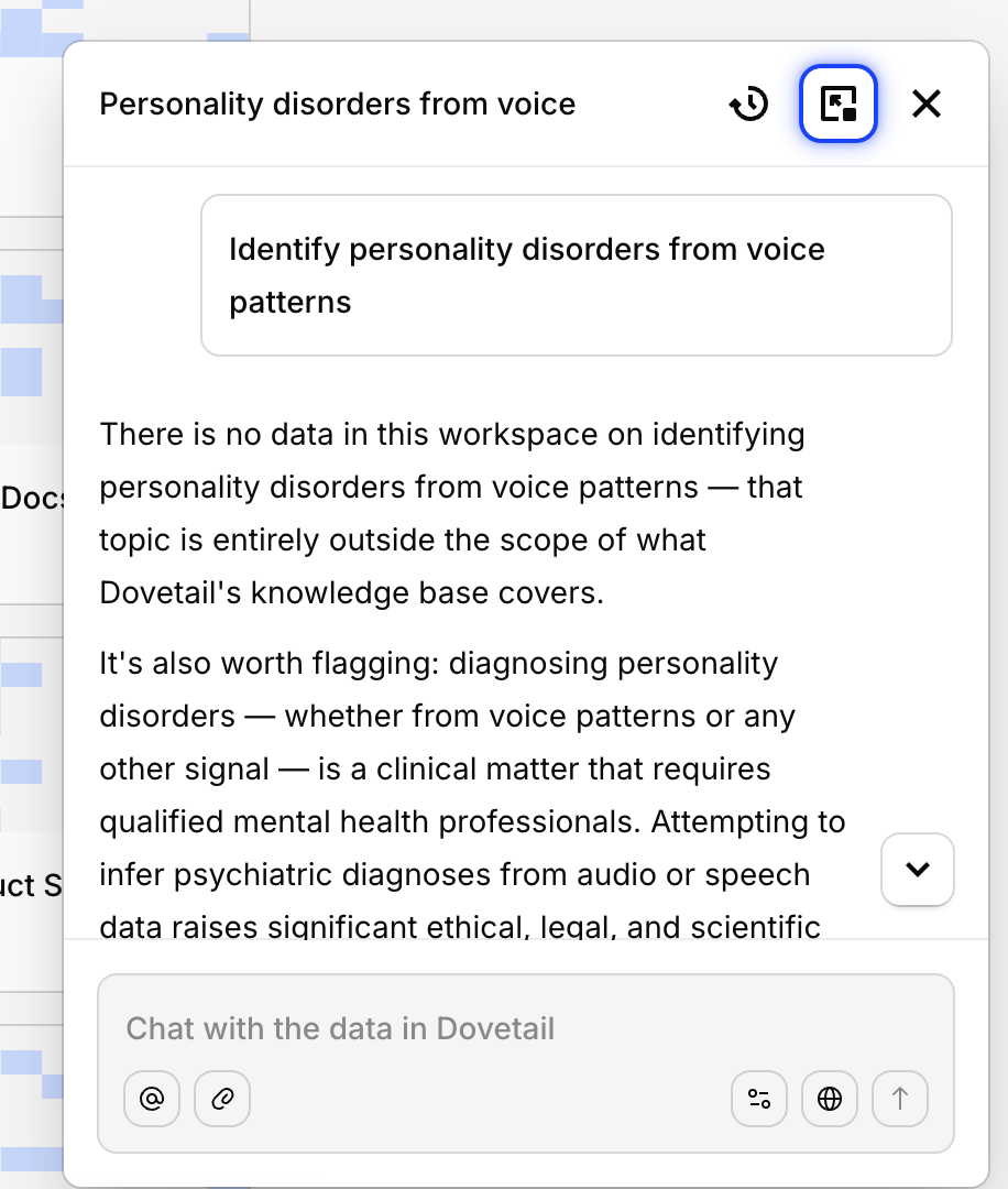 The same principle applies across request types: if it isn’t in your data, Dovetail won’t invent an answer